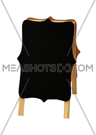Close up one small shaped empty blank clean black chalkboard sign stand isolated on white background, high angle view