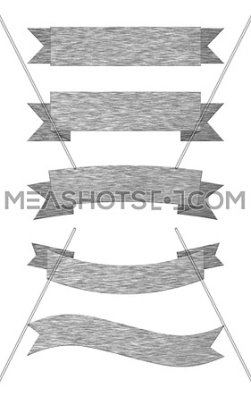 Set of five different brushed silver grey metal ribbon banners isolated on white background