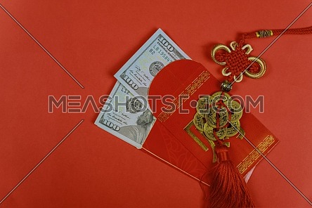 Money in red envelopes Chinese new year greeting gift, closed up