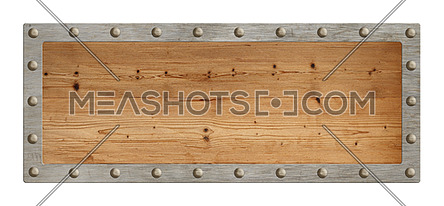 Old blank empty rectangle shape vintage brown wooden sign with metal border and studs isolated on white background