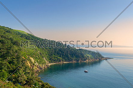 View from the top of mountains of Buyukada island, one of the Princess Islands (Adalar), Marmara Sea, Istanbul, Turkey, with green woods, calm sea, and clear sky