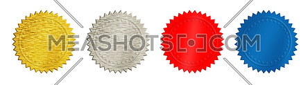 Set of four seal stamps, achievement and award badges (brushed metal gold, silver, blue and red) isolated on white background