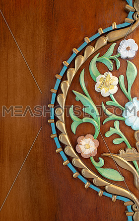 Colorful wooden floral pattern on door leaf, Historic Manial Palace of Prince Mohammed Ali Tewfik, Cairo, Egypt