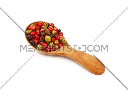 Close up one wooden scoop spoon full of mixed black, green, white and pink red pepper peppercorns isolated on white background, high angle view
