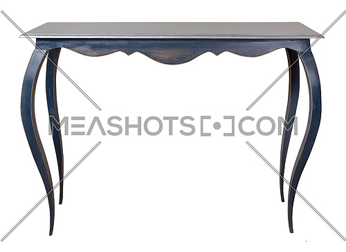 Retro Wooden Vintage Table With Silver Painted Top And Blue Legs