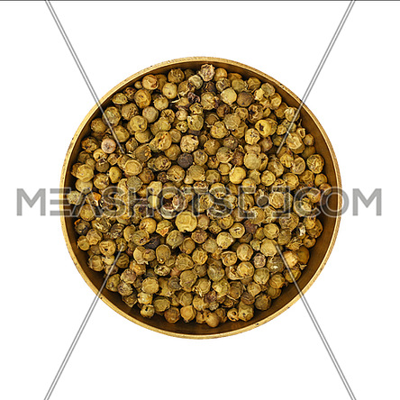 Close up one bronze metal bowl full of green pepper peppercorns isolated on white background, elevated top view, directly above