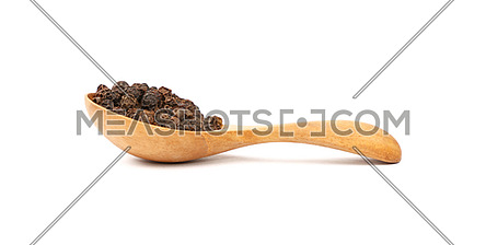 Close up one wooden scoop spoon full of black pepper peppercorns isolated on white background, low angle side view