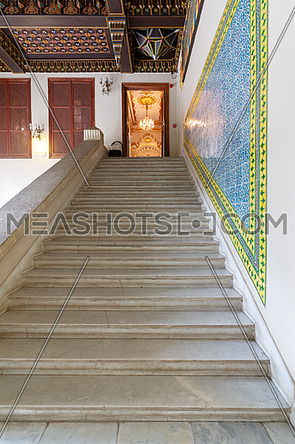 Manial Palace of Prince Mohammed Ali Tawfik. Staircase leading to the residence of prince's mother decorated with Turkish glazed ceramic tiles, Cairo, Egypt