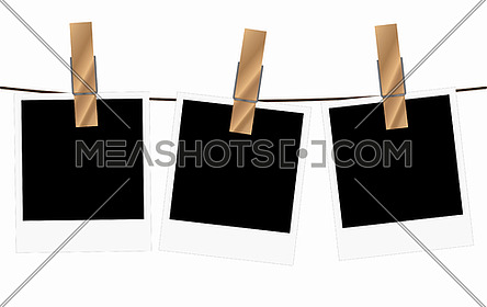 Vector illustration of three empty blank photo polaroid frame slides hanging on a rope with wooden clothespin over white background