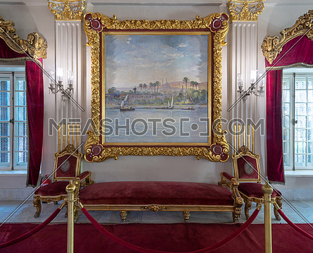 Throne Hall at Manial Palace of Prince Mohammed Ali Tewfik with gold plated red armchairs, Cairo, Egypt
