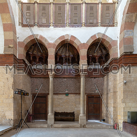 Side wall at the main hall of Beshtak Palace (Qasr Bashtak), a Mamluk era ancient historic palace, located in an area called Bayn al-Qasrayn (between the two palaces) in Muizz Street, Cairo, Egypt