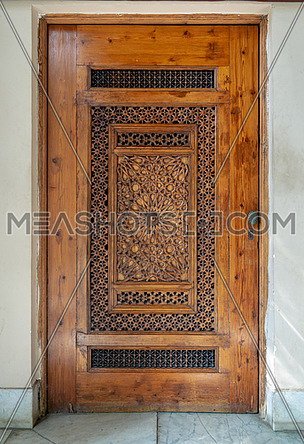 Wooden engraved door with geometrical engraved patterns, Cairo, Egypt