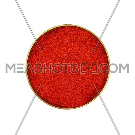 Close up one bronze metal bowl full of red chili pepper or paprika powder isolated on white background, elevated top view, directly above