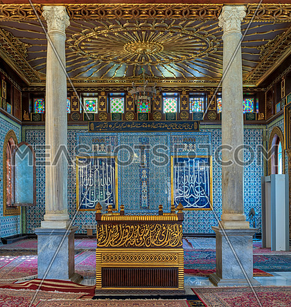 Interior of public mosque of Manial Palace of Prince Mohammed Ali Tewfik with wooden golden ornate ceilings, Cairo, Egypt