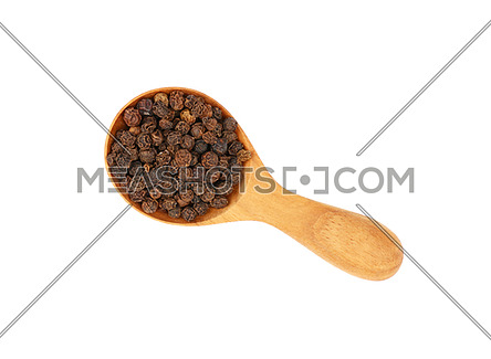 Close up one wooden scoop spoon full of black pepper peppercorns isolated on white background, elevated top view, directly above