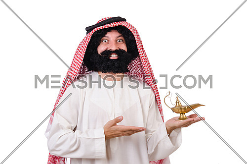 Funny arab man with lamp  isolated on white