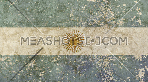 Old grunge vintage dirty faded shabby distressed Argentina or officially the Argentine Republic flag with Sun of May (Sol de Mayo) background