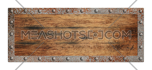 Old blank empty rectangle shape vintage brown wooden sign with rusty metal border and studs isolated on white background