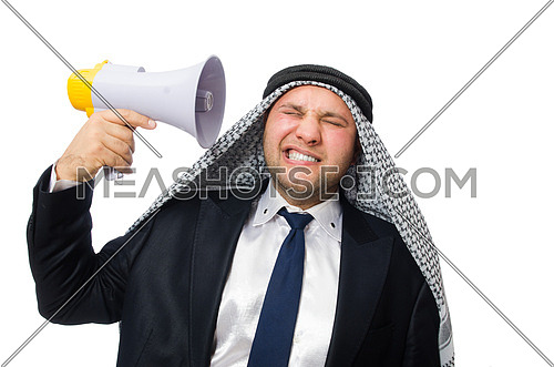 Arab man with loudspeaker isolated on white