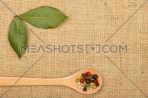 Two green bay laurel leaves and mix of peppercorn in wooden spoon on brown burlap jute canvas background