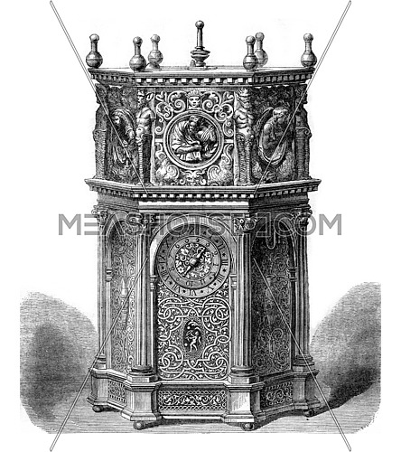 Clock of the sixteenth century, vintage engraved illustration. Magasin Pittoresque 1869.