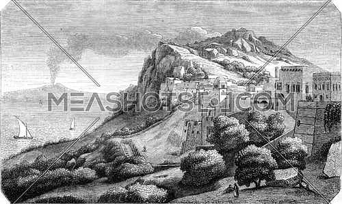 View of Island of Capri, taking the score looks Naple, vintage engraved illustration. Magasin Pittoresque 1845.
