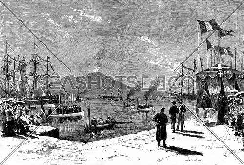 Arrival of the Swedish ship Vega in the Bay of Naples. Landing Professor Nordenskiold, back in Europe after my polar exploration, vintage engraved illustration. Journal des Voyages, Travel Journal, (1879-80).