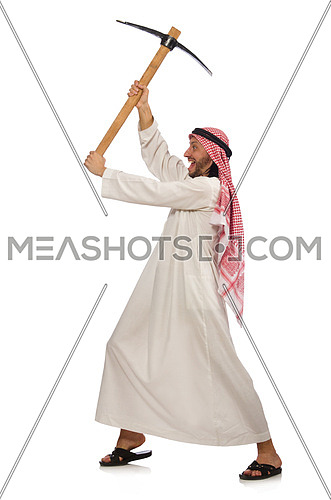 Arab man with ice axe isolated on white
