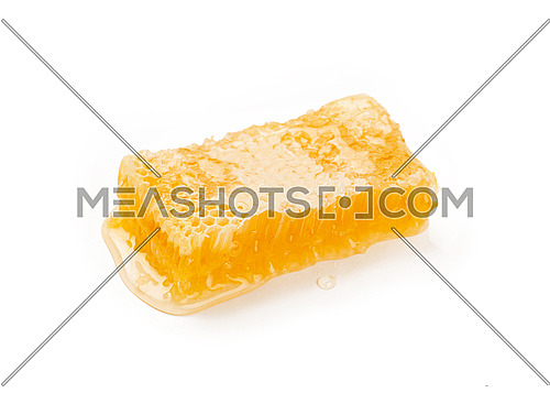 Close up fresh cut golden comb honey isolated on white background, high angle view