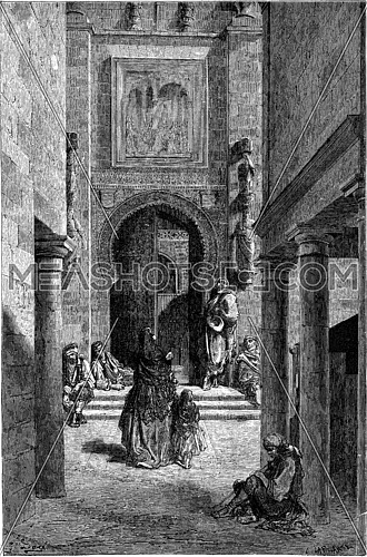 Puerta del Perdon at the Cathedral of Seville, vintage engraved illustration. Le Tour du Monde, Travel Journal, (1865).