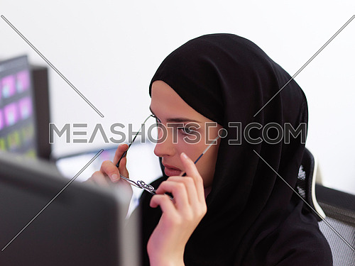 Young muslim female graphic designer preapring for work while putting her glasses. Photo editor in the office, technology concept