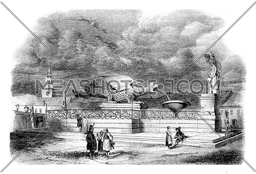 Fountain of the Dragon, in Klagenfurt, Carinthia, vintage engraved illustration. Magasin Pittoresque 1842.