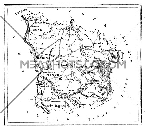 Map of the department of Nievre, vintage engraved illustration. Journal des Voyage, Travel Journal, (1879-80).