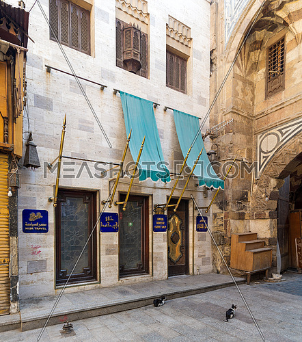 Cairo, Egypt- June 26 2020: Modern famous Naguib Mahfouz coffeehouse, located in historic Mamluk era Khan al-Khalili famous bazaar and souq, closed during Covid-19 lockdown