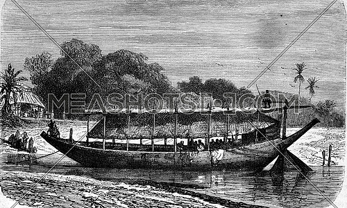 A boat on the Ganges, vintage engraved illustration. Magasin Pittoresque 1880.