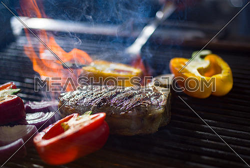 delicious grilled meat steak with vegetables on a barbecue