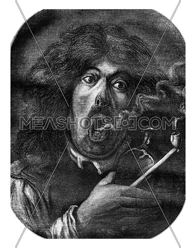 Louvre Museum, A smoker, by Adriaen Brouwer, vintage engraved illustration. Magasin Pittoresque 1878.