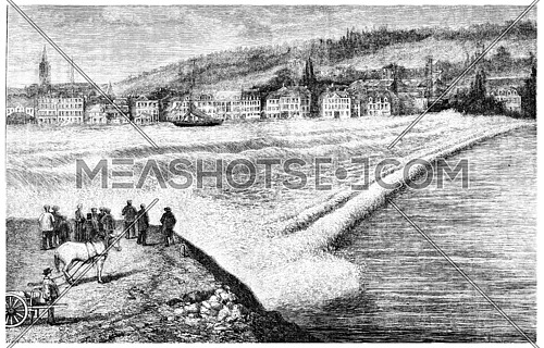 The bar of the Seine, vintage engraved illustration. Magasin Pittoresque 1875.