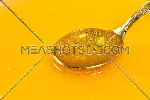 Close up metal spoon in bowl of fresh thick fluid acacia honey, high angle view