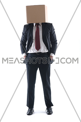 anonymous business man with a cardboard box on his head concealing his identity
