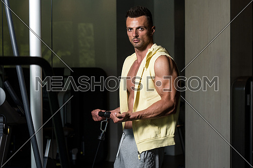 Muscular Young Man Bodybuilder Doing Heavy Weight Exercise For Biceps On Cable Machine