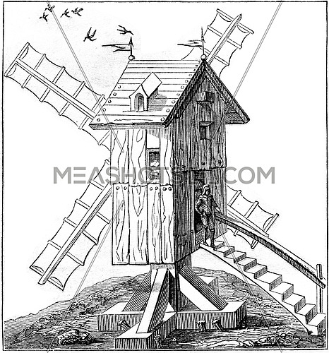 Windmill in use in the sixteenth century, vintage engraved illustration. Magasin Pittoresque 1852.