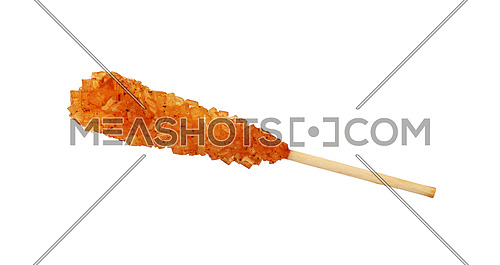 Close up one wooden stick with brown sugar crystals isolated on white background, elevated top view, directly above