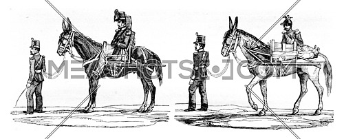 New mode of transportation of wounded soldiers, vintage engraved illustration. Magasin Pittoresque 1842.