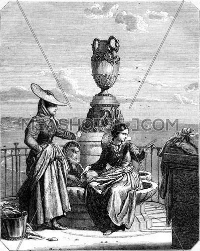 A fountain on the quai du Midi, Nice, vintage engraved illustration. Magasin Pittoresque 1857.