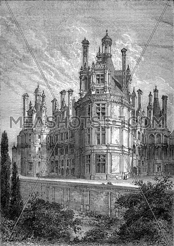 Chambord Castle with its ancient graves, vintage engraved illustration. Industrial encyclopedia E.-O. Lami - 1875.