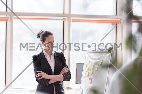 portrait of young business woman at modern office with flip board  and big window in background