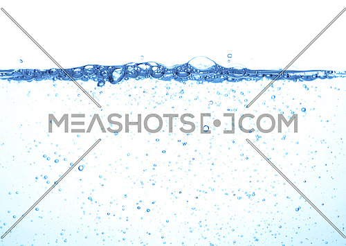 Close up water surface splashing with bubbles and drops isolated on white background, low angle underwater view