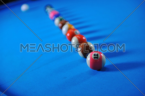 billiard sport game balls on blue table on billiard club ready to play