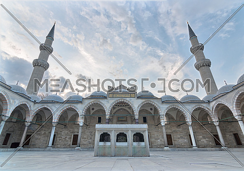 Exterior low angle day shot of Suleymaniye Mosque, an Ottoman imperial mosque located on the Third Hill of Istanbul, Turkey, and the second largest mosque in the city. built in 1557